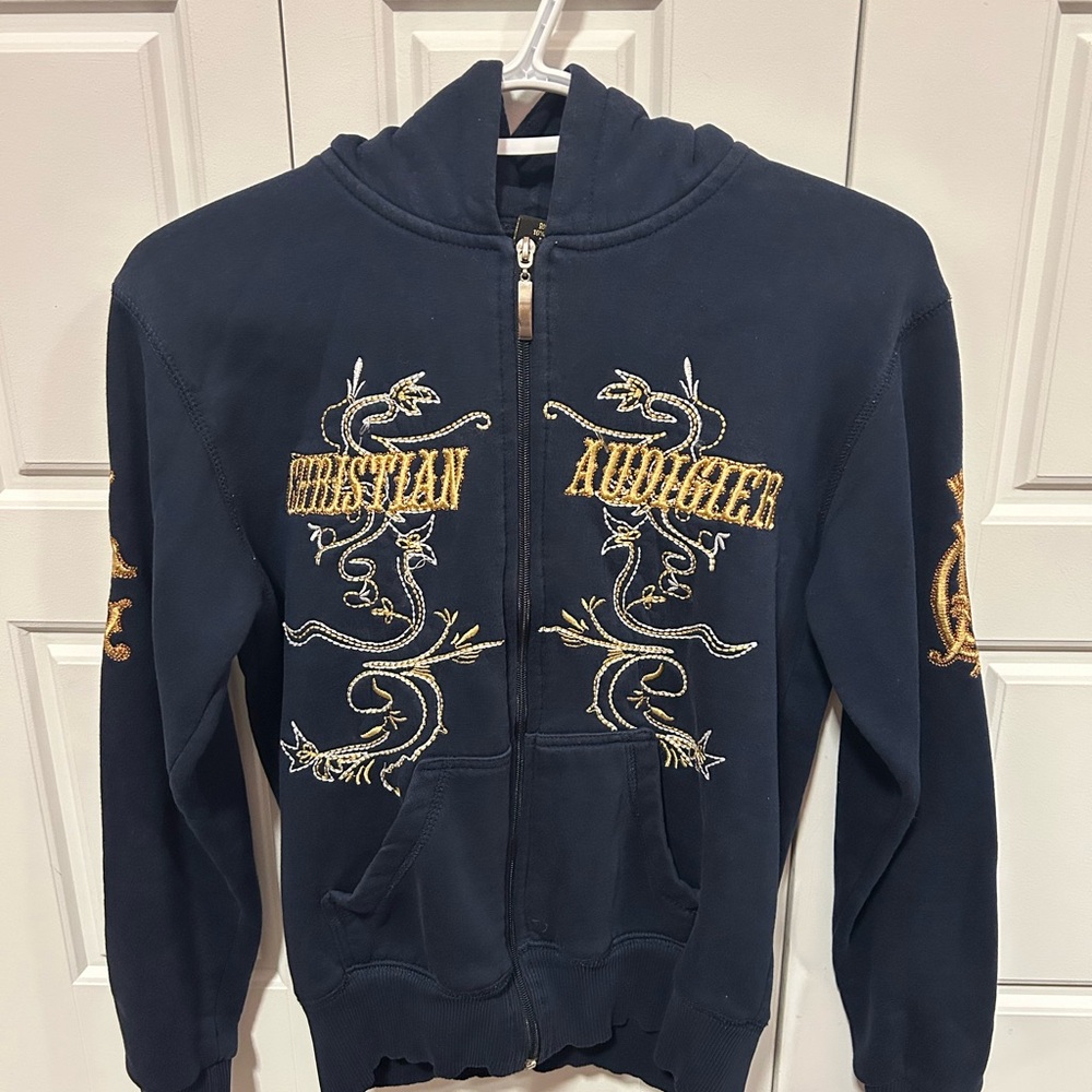 Christian Audigier Navy Hoodie with Gold Embroidery